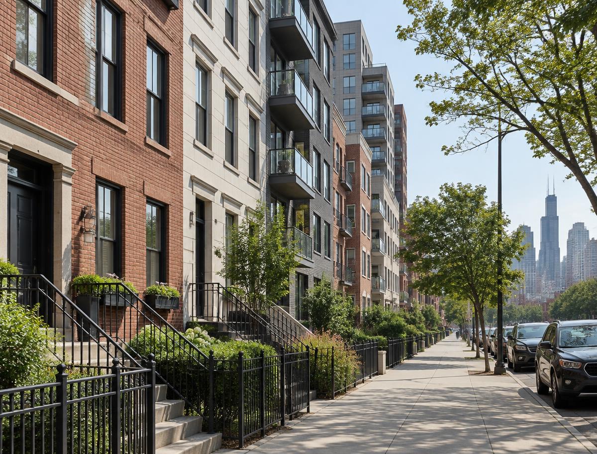 Urban American street lined with apartments and townhomes