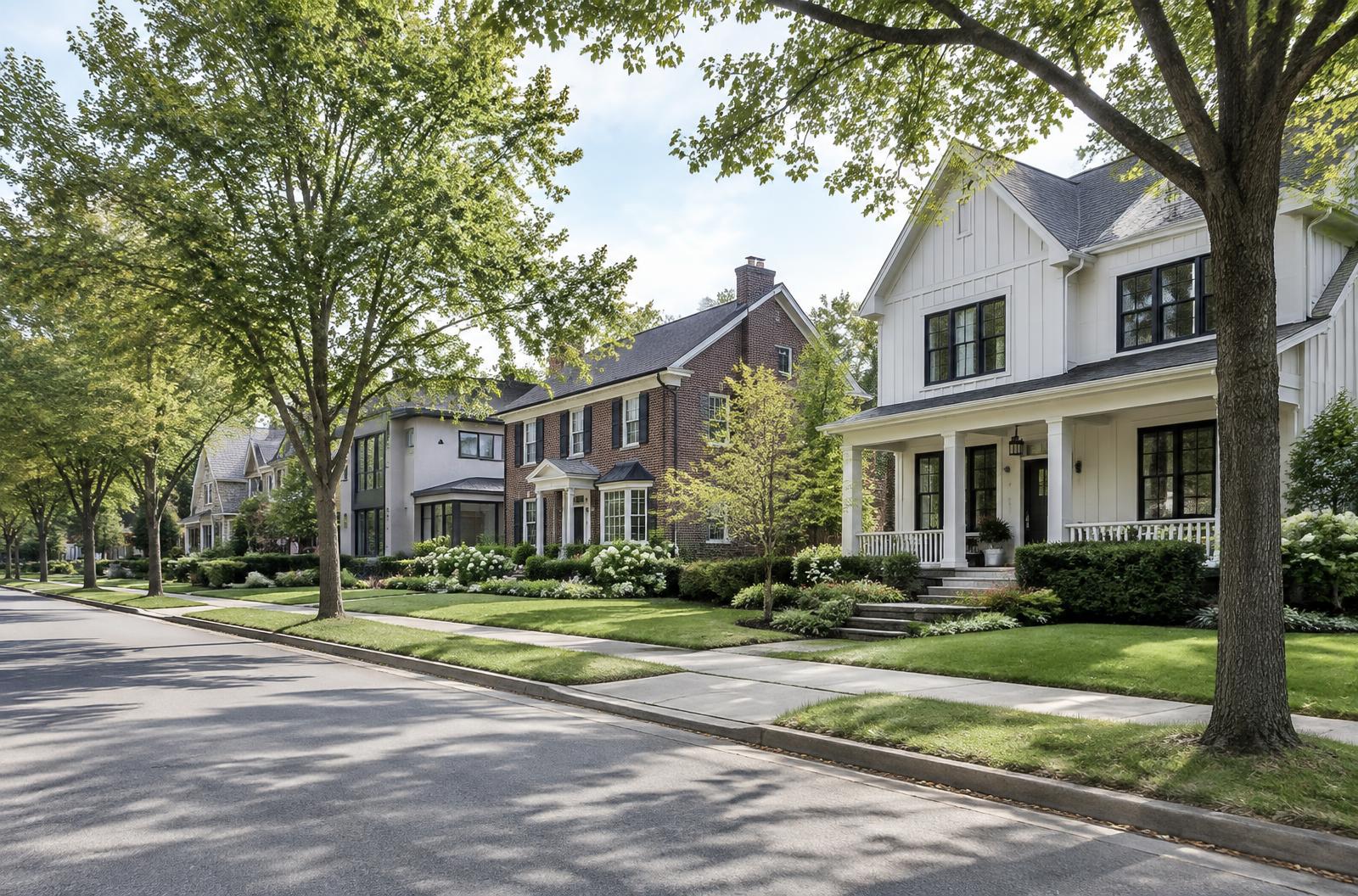 Tree-lined American residential street with detached homes