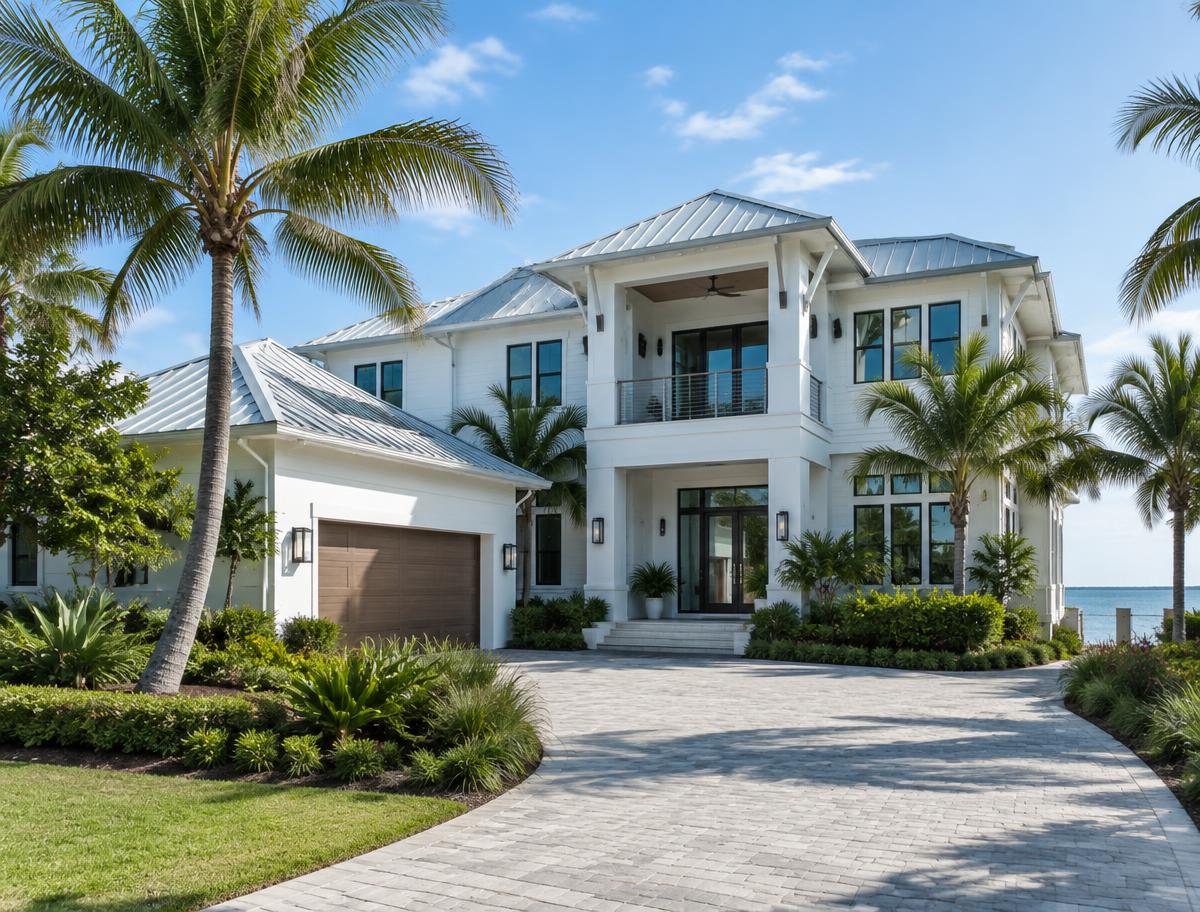 Contemporary coastal-style home with palm landscaping